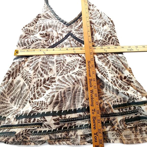 Y2K Babydoll Halter Top Boho Peasant Embroidered Ribbon Trim Leaf Print Brown 16 - Picture 8 of 8